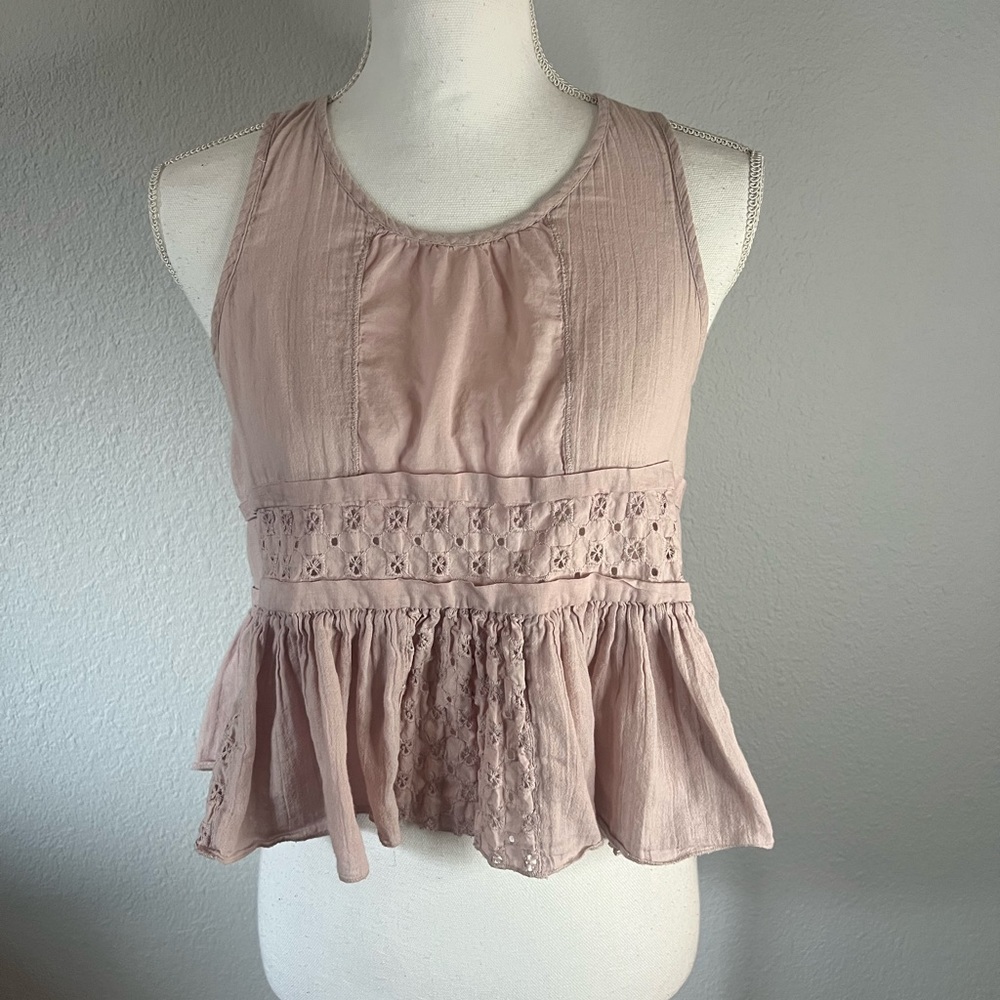 Sun & Shadow Blush Pink Boho Peplum Cutout Detail Ruffled Crop Top Blouse